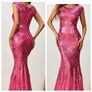 Hot Pink Party Contrast Sequin, round neck, cap sleeve,  Mermaid Maxi Go…